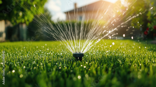 Automatic garden watering system with lawn sprinkler. Sprinklers spraying water on a lush green lawn on a sunny day.