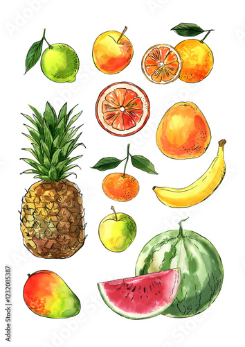 Fruits and berries in watercolor on a white background. Watercolor, ink. Farm products. Healthy eating.