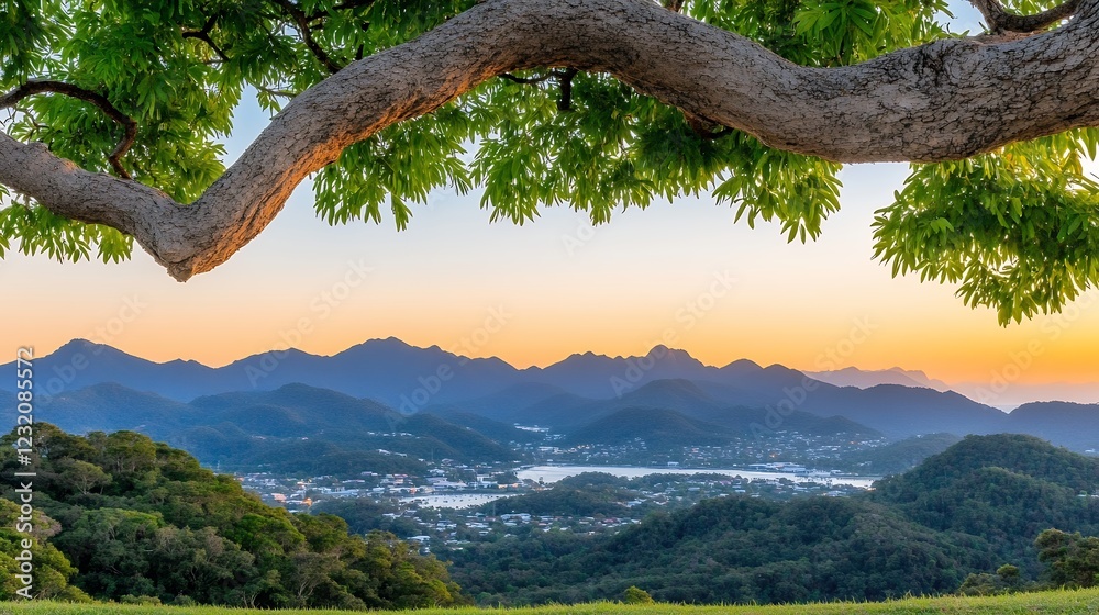 Tranquil Town Nestled in a Mountain Valley at Sunrise, Viewed Through Tree Branches Tranquil Town Nestled in a Mountain Valley at Sunrise, Viewed Through Tree Branches