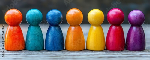 seven colorful wooden figures standing in a line, representing diversity and inclusion 