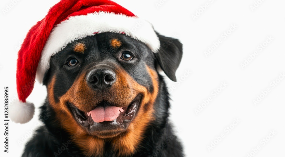 Cute Rottweiler dog in Santa Claus red hat on white background. Cute Rottweiler dog in Santa Claus red hat on white background.