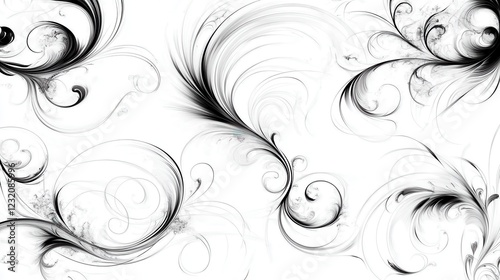 Abstract grayscale background with swirling, feathery patterns. The design features delicate, black and white organic shapes that create a dreamy