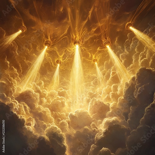 Seven trumpets descending from the sky, radiating divine light and power, symbolizing biblical prophecy and spiritual revelation.

 photo