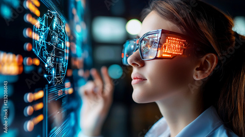 Woman Interacting With Holographic Neural Network Data Visualization
