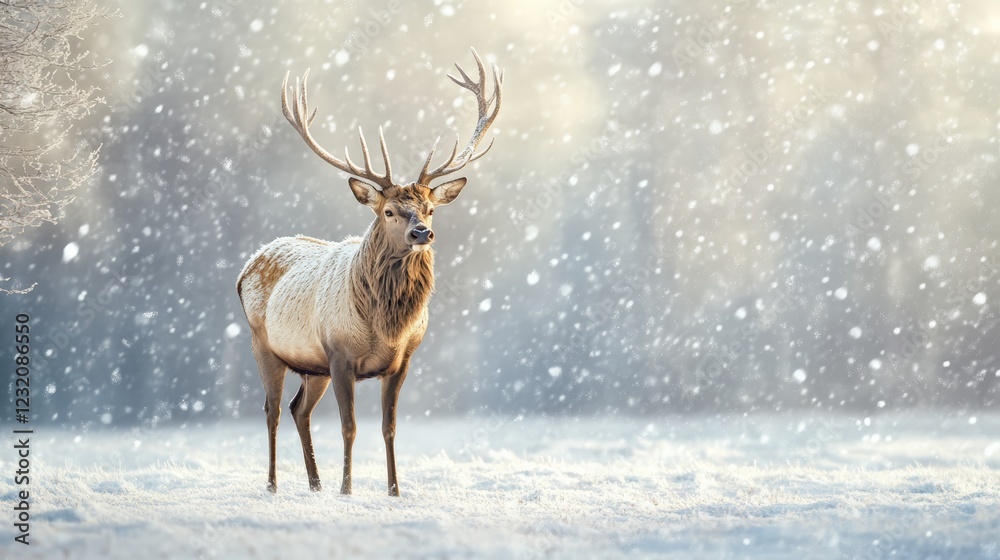 Red deer with large antlers standing gracefully in a snowy field, surrounded by gentle snowfall, creating a tranquil winter wonderland filled with serene beauty Red deer with large antlers standing gracefully in a snowy field, surrounded by gentle snowfall, creating a tranquil winter wonderland filled with serene beauty