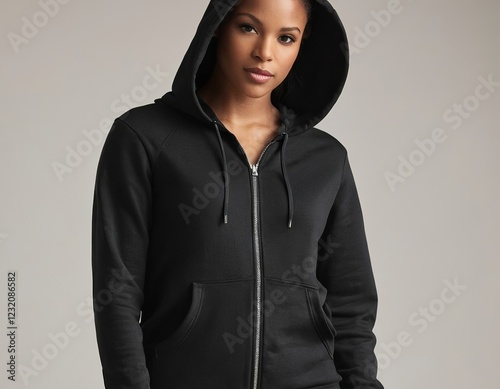 Confident young Black woman in a zip-up black hoodie, showcasing a modern, stylish look.