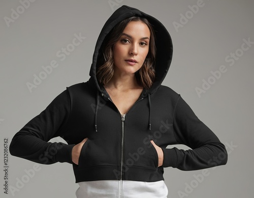 A confident woman in a stylish black and white hoodie, exuding casual elegance.