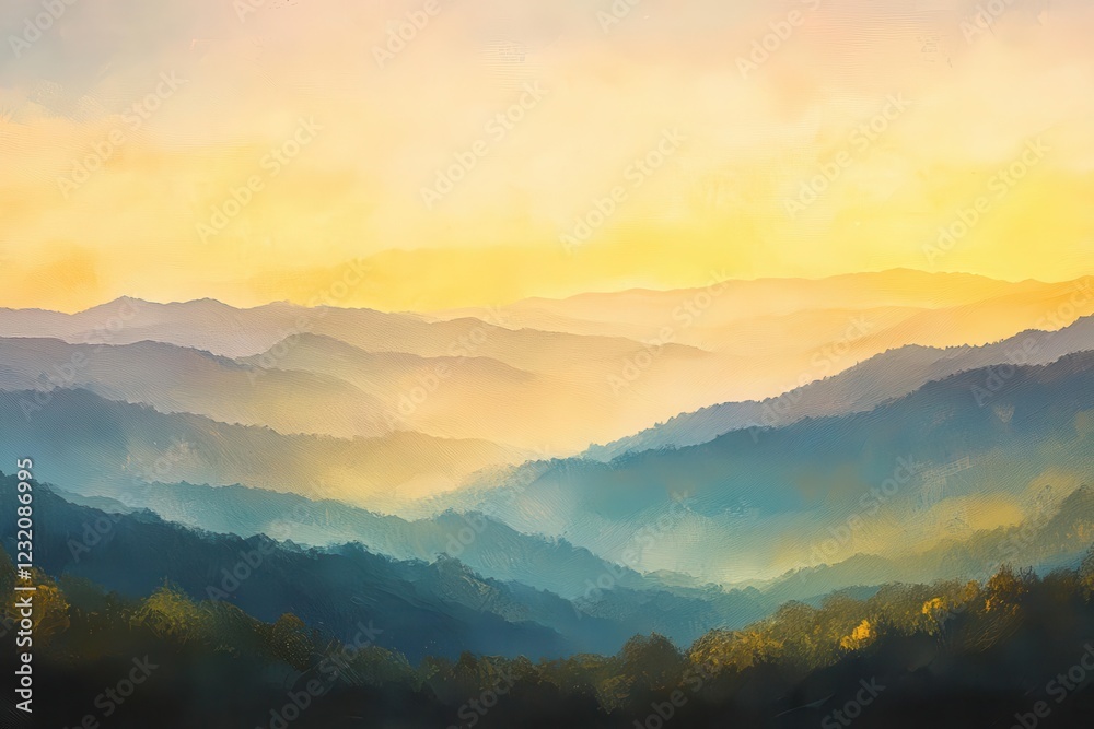 Obraz premium ethereal mountain vista at golden hour, layered peaks disappearing into misty valleys, impressionistic painting style