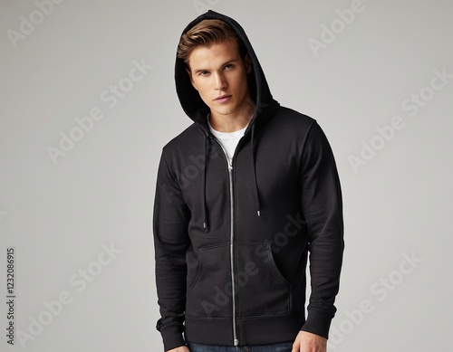 Stylish young Caucasian man in a black hoodie against a neutral background.