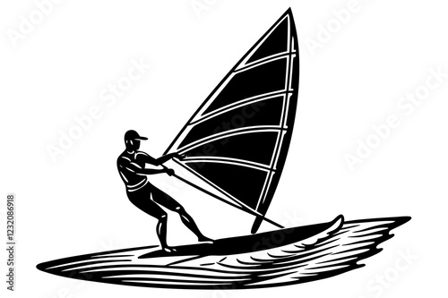 A windsurfer performing a small jump in knee-deep, flat water   on white background