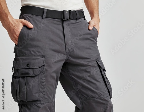 Stylish male model in gray cargo pants with hands in pockets, showcasing a relaxed urban look.