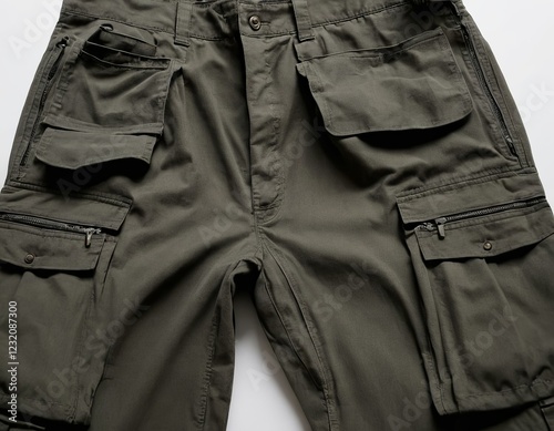 Stylish olive green cargo shorts with multiple pockets and zippers, perfect for casual outings.