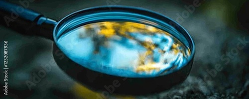 a close-up of a magnifying glass, revealing a blurred background through its lens. The image evokes a sense of intrigue and mystery, prompting viewers to question what lies beyond the lens.  photo