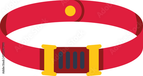 Red belt with golden buckle fastening isolated on white background is lying on a flat surface