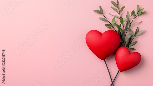 Two Red Hearts with Green Leaves on Pink Background Romantic Valentine's Day Image