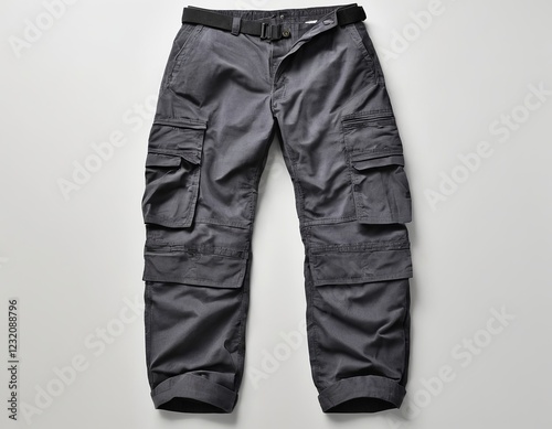 Gray cargo pants with multiple pockets and a belt, perfect for outdoor activities and casual wear.