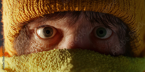 Close-up of Face Partially Covered by Yellow Knit Hat and Fabric photo