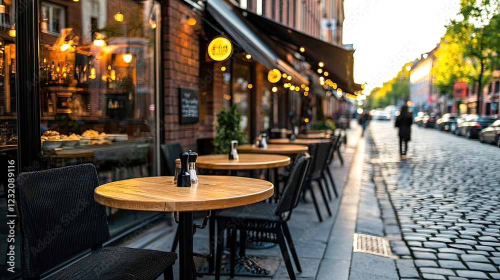 Fototapeta premium Cozy Outdoor Cafe in Cobblestone Street During Golden Hour Light