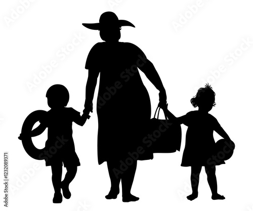 Children and family silhouettes.  Grandmother with grandchildren going to the beach. Vector illustration.	
