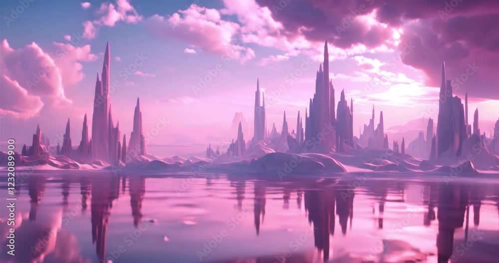 alien world pink sky crystal spires water reflection fantasy landscape dreamlike scene