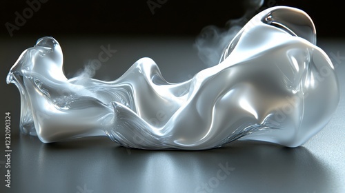 Abstract 3D rendering of a flowing, white, liquid like substance with a metallic sheen, emitting faint smoke or vapor, on a dark gray background. The