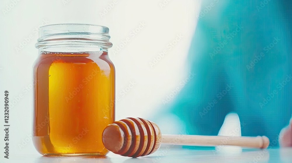 Glass Jar of Honey with Wooden Dipper on Table in Bright Setting Glass Jar of Honey with Wooden Dipper on Table in Bright Setting