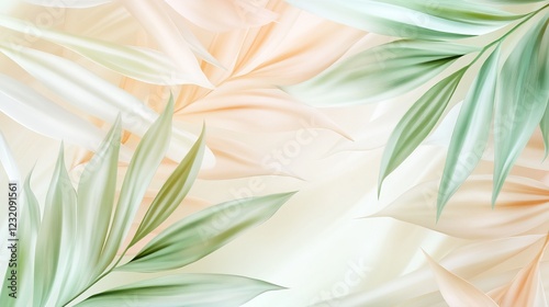 Masterful tropical leaf patterns in soft green and beige create an inviting atmosphere with ample copy space. Generative AI