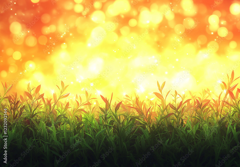 Obraz premium Spring background with green grass and blurred sun rays, banner design, copy space concept. Spring background with green grass and blurred sunlight. Nature concept., grass, spring, nature, summer, sky