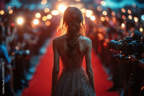 Glamorous celebrity walking the red carpet at a nighttime event with bright lights and photographers capturing the moment photo