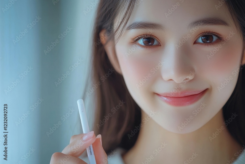 Close-up young woman checking on the pregnancy test and the result is positive Close-up young woman checking on the pregnancy test and the result is positive