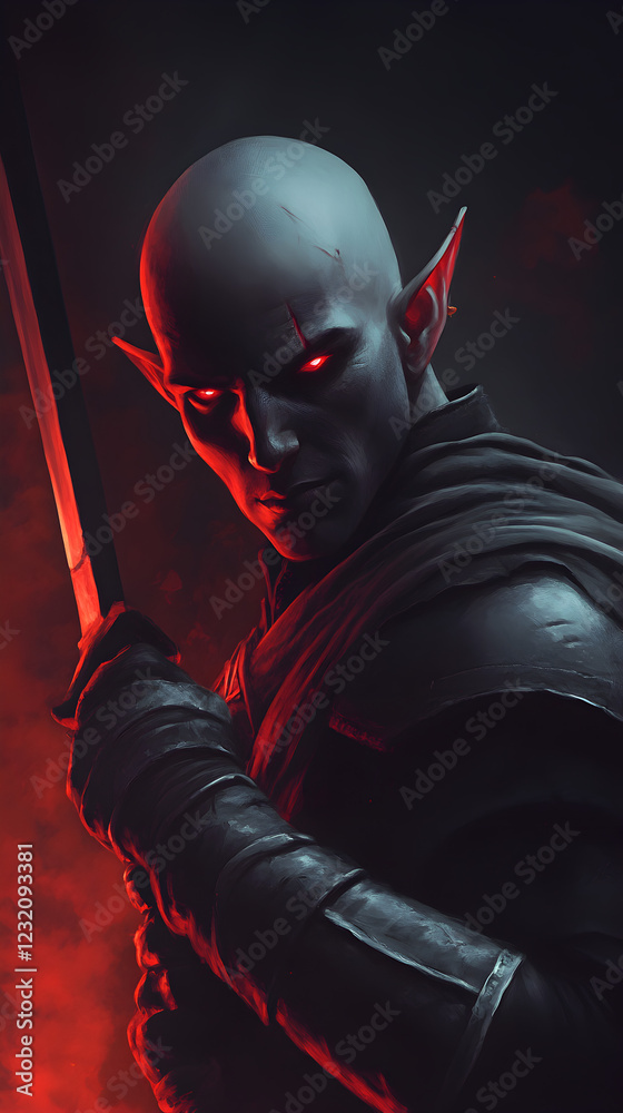 Naklejka premium A dark elf assassin, with glowing red eyes and a blade made of shadow, preparing to infiltrate a royal castle.