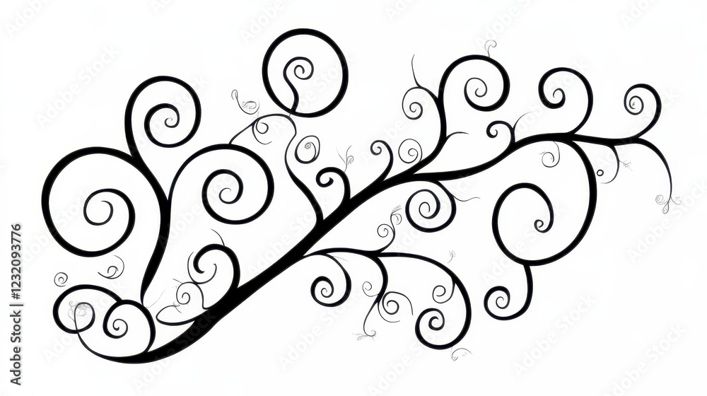 Black and white illustration of swirling vines and leaves, creating a decorative design element. The intricate pattern features numerous curls and