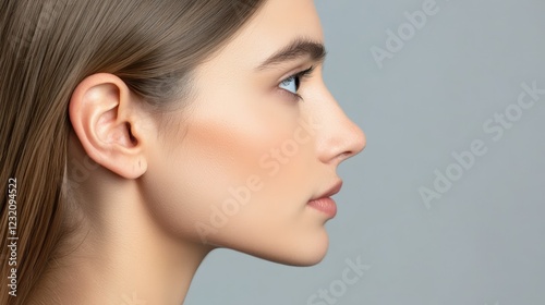 Profile view of a young woman breathing easily, highlighting her perfectly shaped nose after rhinoplasty surgery, embodying the essence of beauty and cosmetology