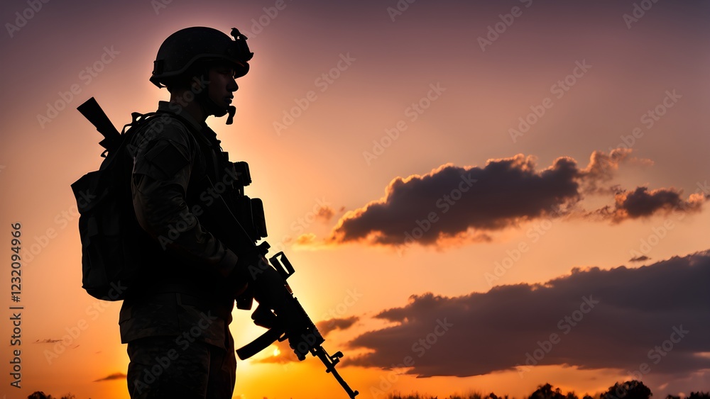 Silhouette of a soldier with a rifle and backpack standing against a vibrant sunset sky. Silhouette of a soldier with a rifle and backpack standing against a vibrant sunset sky.
