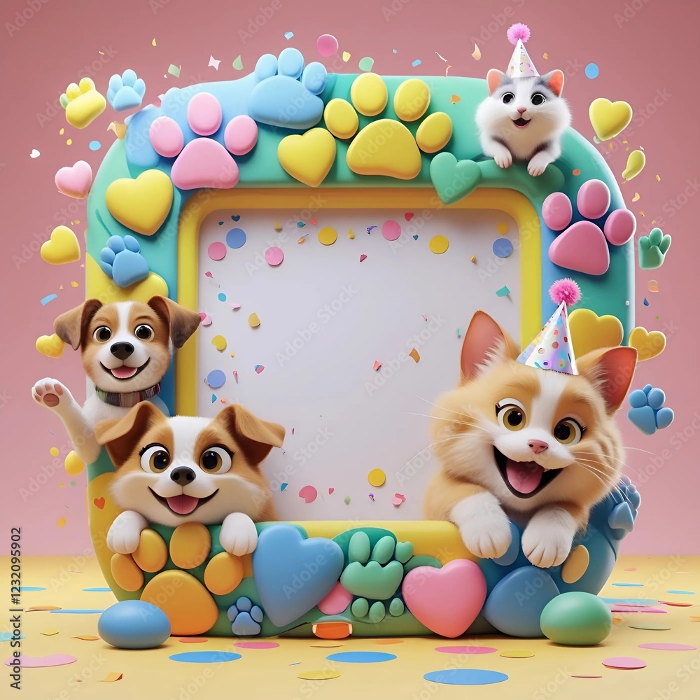 Fototapeta premium Cute dogs and cats with festive party frame