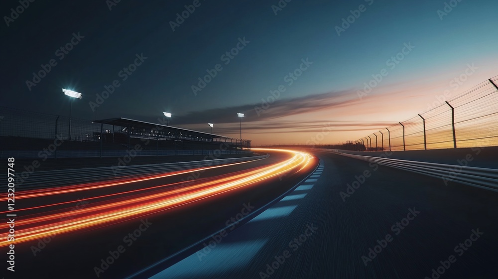 Fototapeta premium Sunset race track, speeding car light trails, night race