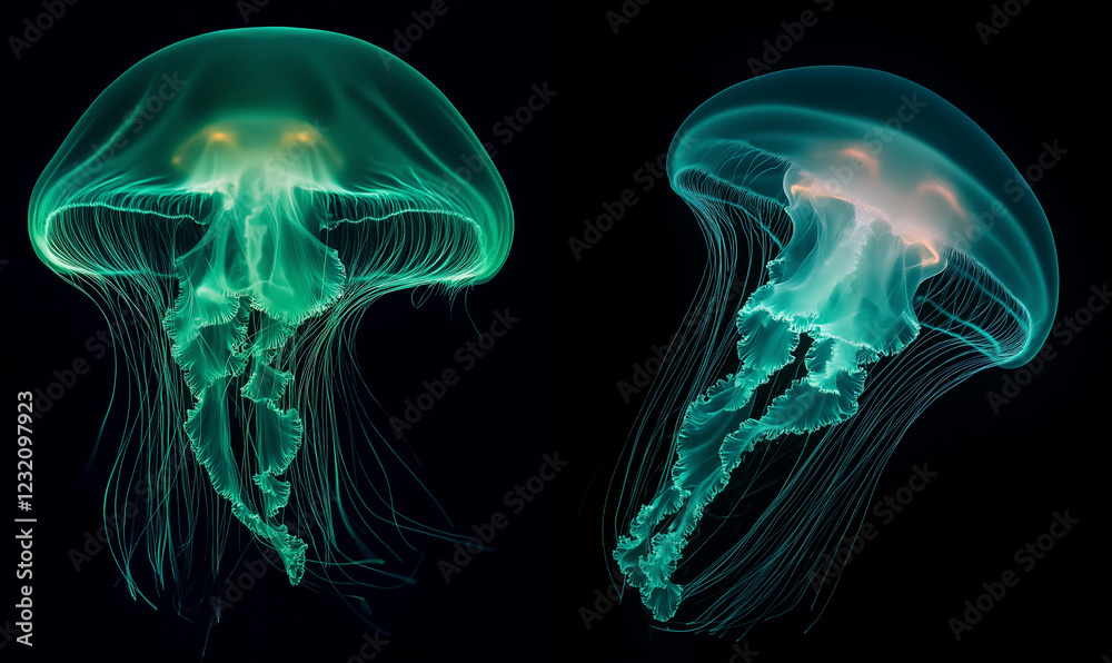 Luminous Jellyfish Creating Enchanting Undersea Scenes, Glowing in the Deep Ocean
