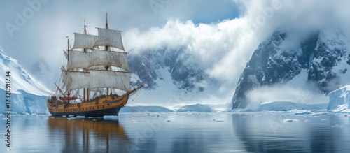 A medieval ship sailing through the ice in an Antarctic landscape photo