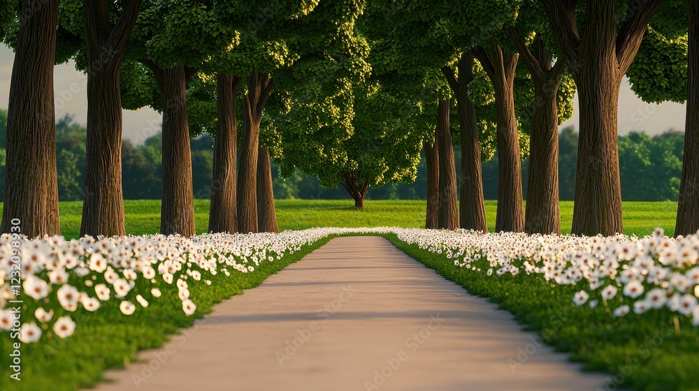 Obraz premium Serene Pathway Through Lush Green Trees and Blooms in Vibrant Landscape
