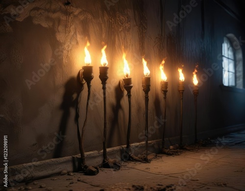 Forgotten torches on the walls casting flickering shadows, dungeon, abandoned, musty photo