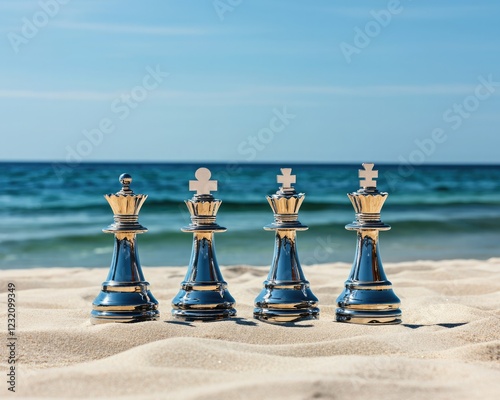 Elegant chess pieces on sandy beach, contrasting with serene ocean backdrop, perfect for creative imagery and game themes.