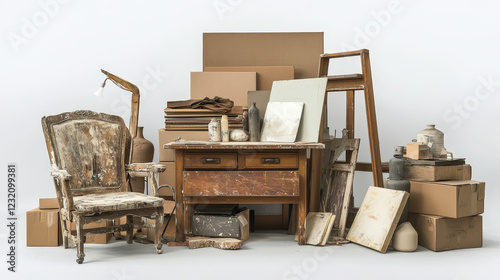 Old art studio furniture set isolated on white background. Vector cartoon illustration of dirty broken armchair, dusty wooden drawer, table and easel, cardboard boxes, pile of books, stack of vases