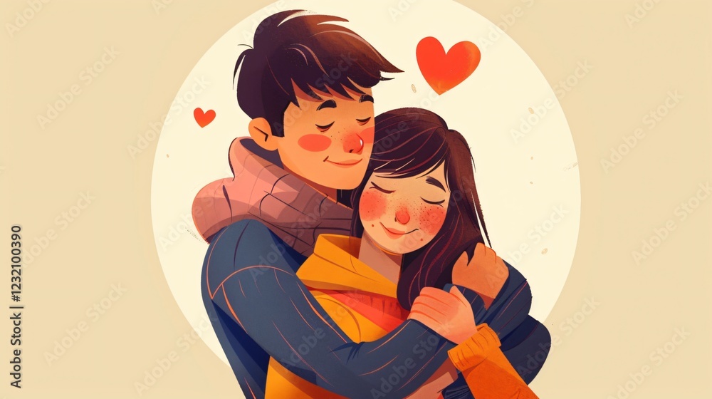 Romantic Couple Embracing in Love Illustration Romantic Couple Embracing in Love Illustration