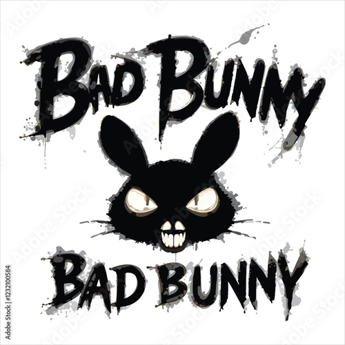 Bold graphic design of a "Bad Bunny" logo with a menacing rabbit./This image features a stylized graphic design of the phrase "Bad Bunny" with a menacing black rabbit as the central figure.