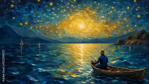 Starry Night inspired, oil painting fisherman, sea night, impressionist oil painting, swirling night sky, artistic fantasy painting, post-impressionist masterpiece, dreamy night ocean, artist photo