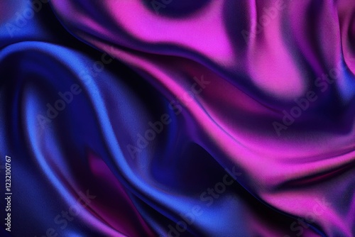 Draped iridescent fabric, purple blue waves, dark background, textile design