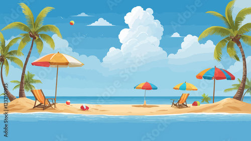 Summer sale, three blue podium display, coconut trees, pile of sand, beach umbrella, beach chair and beach ball, banner design, on cloud and sky blue background