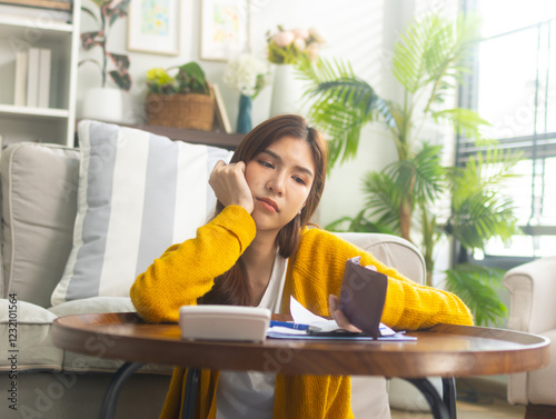 Stressed young Asian woman sits on a sofa at home, holding an empty wallet and looking worried about her financial situation and mounting debts. Personal financial struggles and income loss concept.