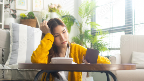 Frustrated young Asian woman looks at her empty wallet with a worried expression, feeling stressed about her financial instability and unpaid loan. Serious Asian woman thinking about financial future.