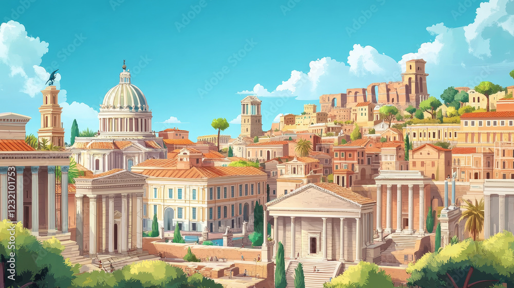 Fototapeta premium Parallax background Ancient Rome city isometric cartoon cityscape. Separated vector layers of Capitol, basilica, Castrum, Medicorum, Harbor, Roman Amphitheater, forum, taberna and insula buildings